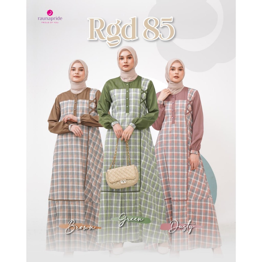 Rauna-RGD 85 Dusty-Green-Brown Cotton Gamis Wanita Dewasa Motif Kotak Kombinasi Polos Dress Muslimah Akhwat Remaja Pondok Casual Trendy Semi Formal Kerja Kuliah Kantor