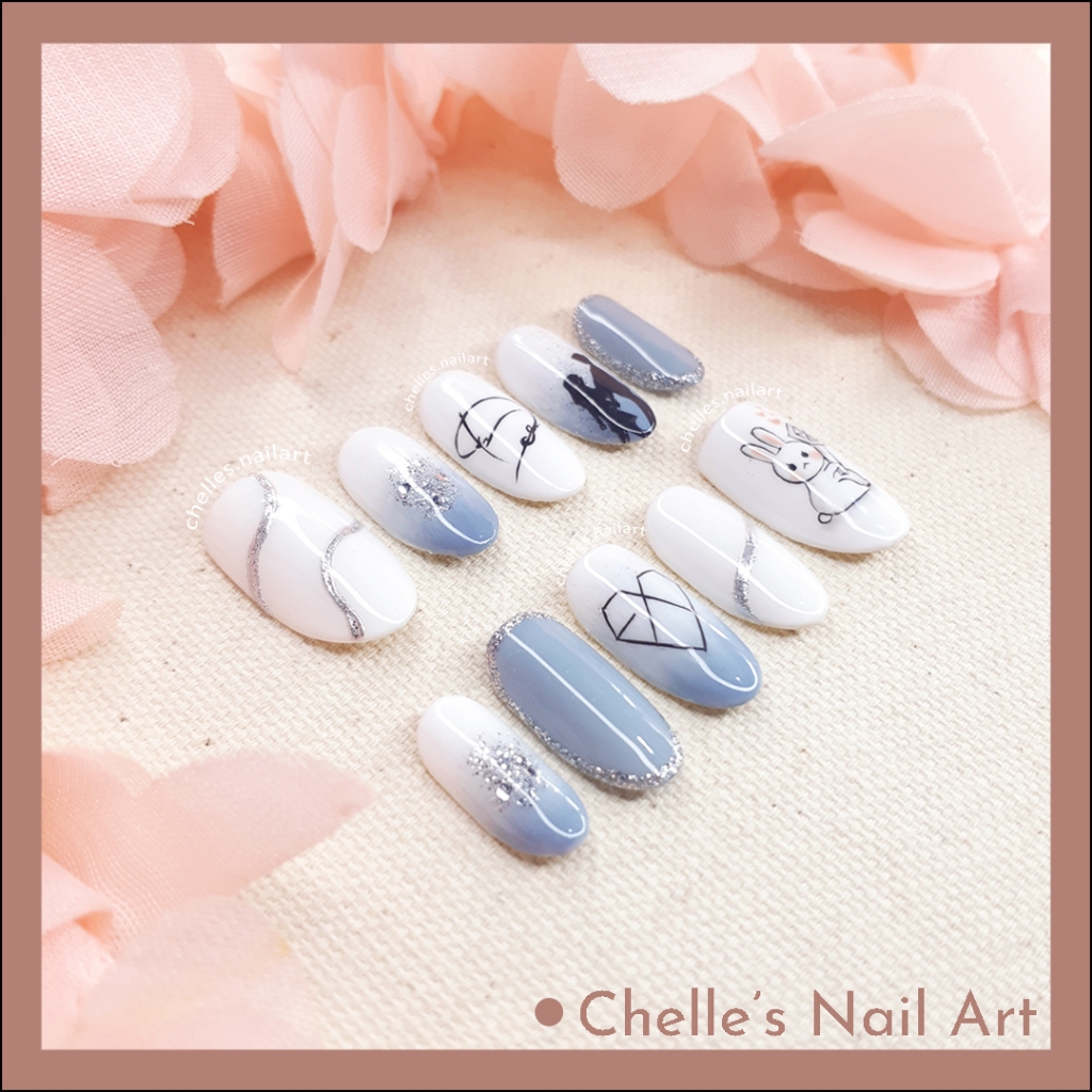 EXO Kyungsoo Blue White Silver Glitter Nails Custom Fake Nails Kuku Palsu Handmade Murah