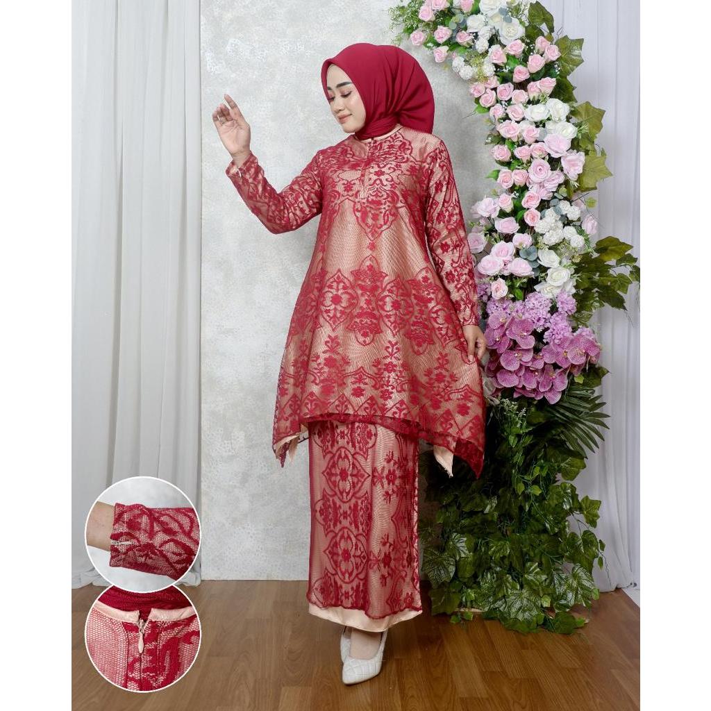 Stelan Baju Kebaya Melayu Rok Songket Warna Maroon Kebaya Warna Maroon