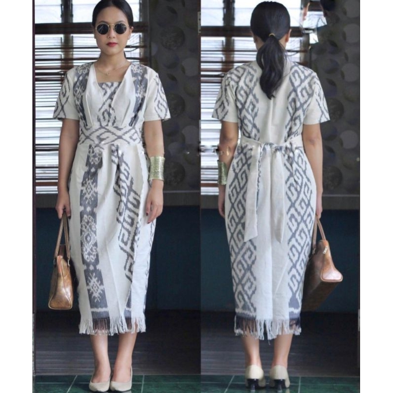 Dress Tenun Ikat • Dress Tenun Etnik Putih OT116 Lapis Tricot