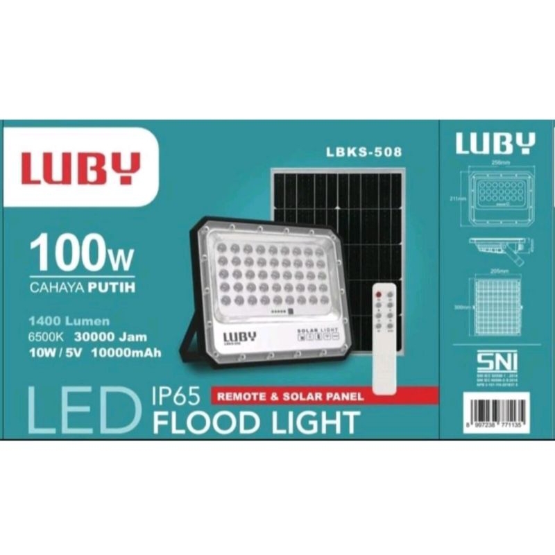 LUBY Lampu LED Sorot Solar Panel 100W LED Floodlight 100 Watt LBKS-508 Lampu Tembak Cahaya Putih