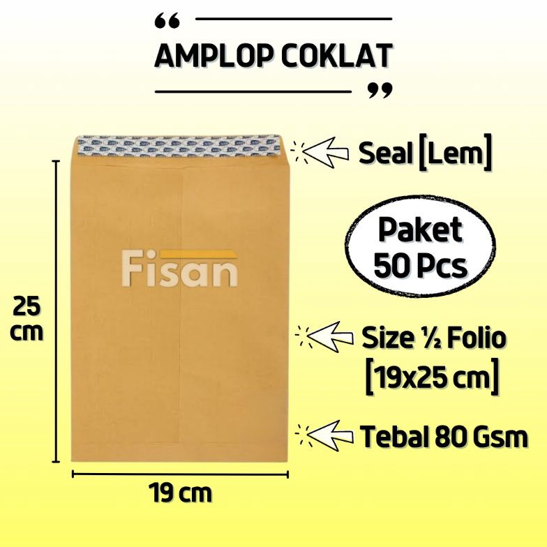 

Kekinian.. 50 Pcs Amplop Coklat Polos 1/2 Folio Seal Lem TKI