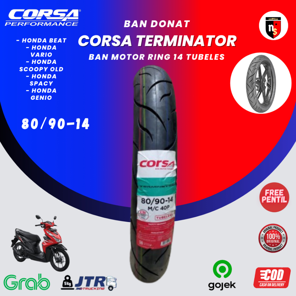 Ban Motor Corsa Terminator 80/90 Ring 14 Ban Donat Tubeless Free Pentil