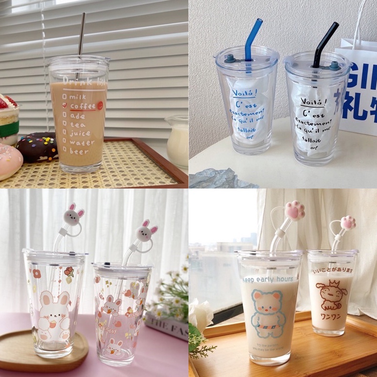 Paling Dicari.. GELAS MUG KACA / GELAS TUMBLER DENGAN SEDOTAN / gelas aesthetic