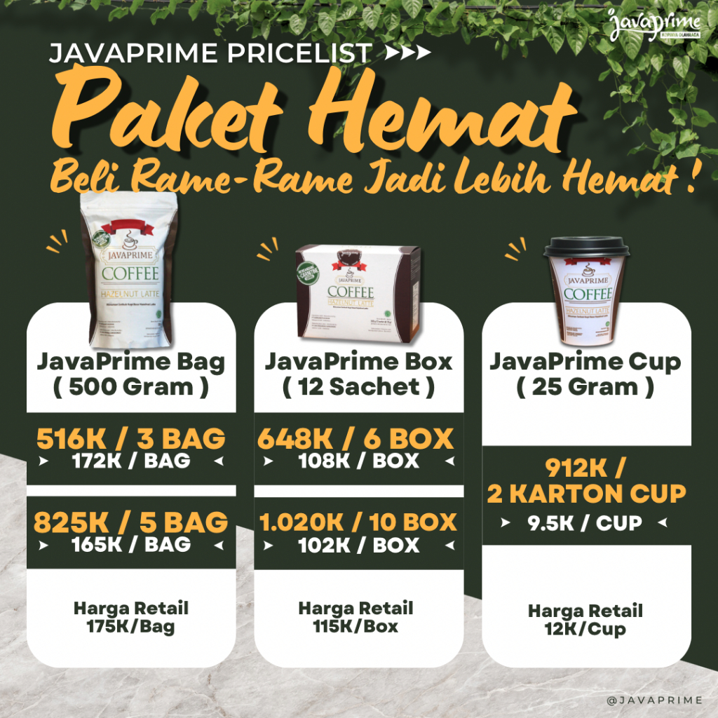 

PAKET HEMAT JAVAPRIME 96 CUP Coffee Hazelnut Latte Kopi Fat Loss Minuman Bubuk Kopi Sachet Kopi Diet Grosir