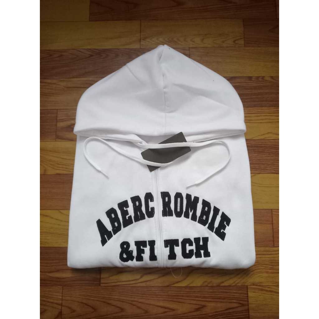Who A.U BORDIR - Jaket Hoodie Zipper Abercrombie Putih Premium Quality Full Teg & Label Bahan Teball