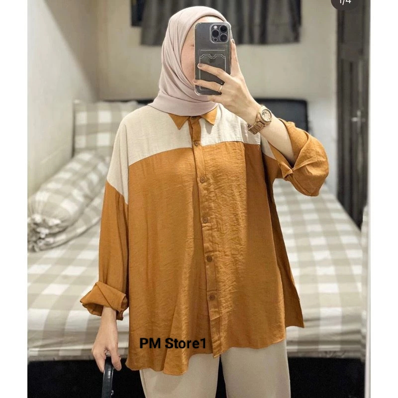 KEMEJA WANITA CRIKLE JUMBO PECAH POLA KANCING GOLD SALSA PREMIUM / ATASAN WANITA CASUAL KRAH KEMEJA