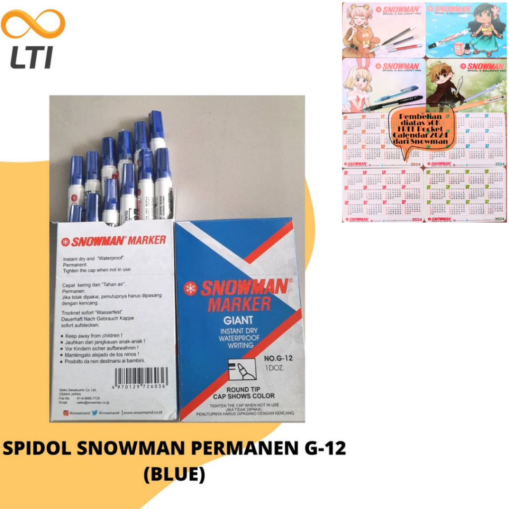 

Spidol Permanent Marker SNOWMAN G-12 Spidol Permanen / Lusin BISA CAMPUR WARNA - HEMAT