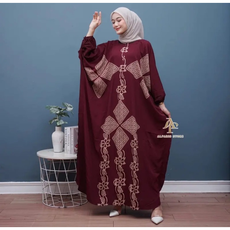 Kaftan Wanita - Daunda Kaftan Size Jumbo XXXXL Motif Daun Lengan Panjang Busui Resleting by Nadira_Fashion / Gamis Rayon Jumbo Kaftan Terbaru-Andin marun
