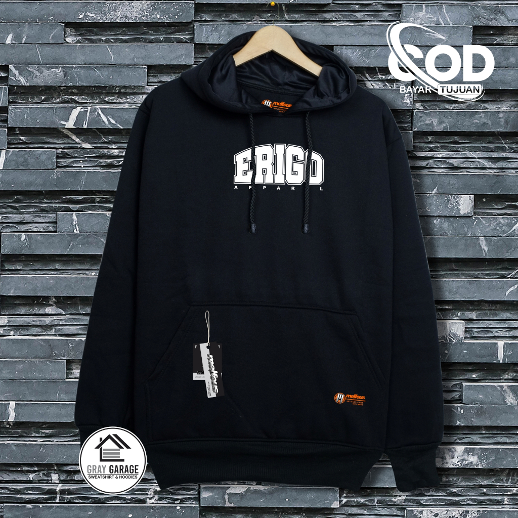 Hoodie Hitam ERIGO Pria Distro Premium Keren Authentic Bahan Katun Tebal Original Motif Terbaru Basi