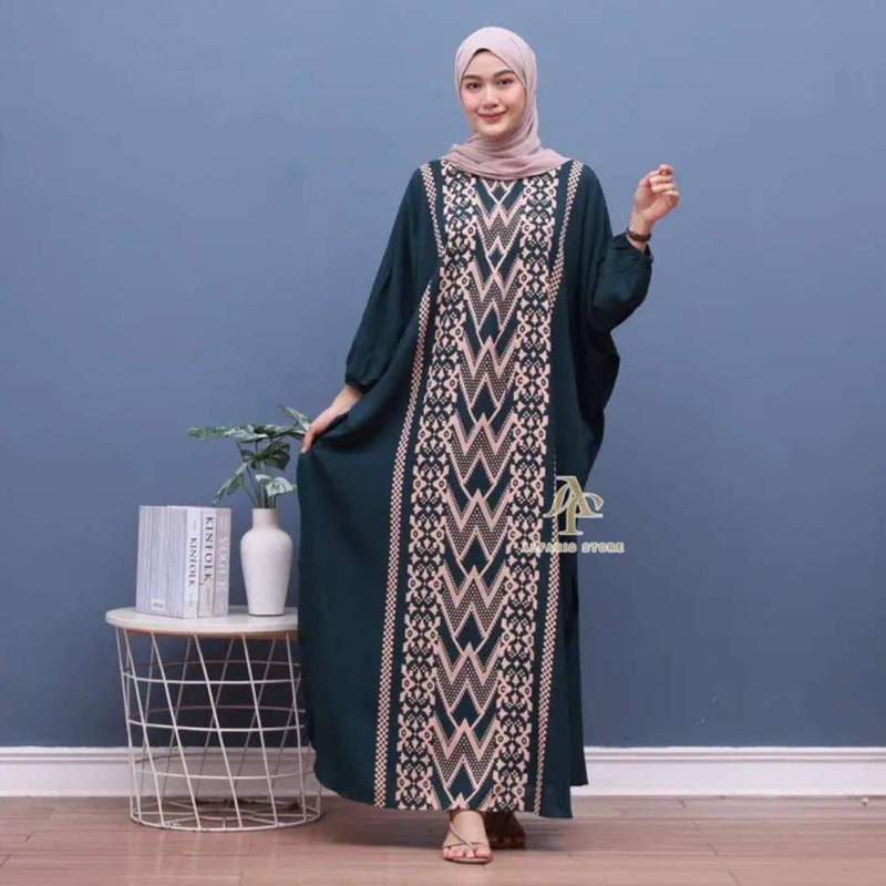Kaftan Wanita - Daunda Kaftan Size Jumbo XXXXL Motif Daun Lengan Panjang Busui Resleting by Nadira_Fashion / Gamis Rayon Jumbo Kaftan Terbaru-Hana botol