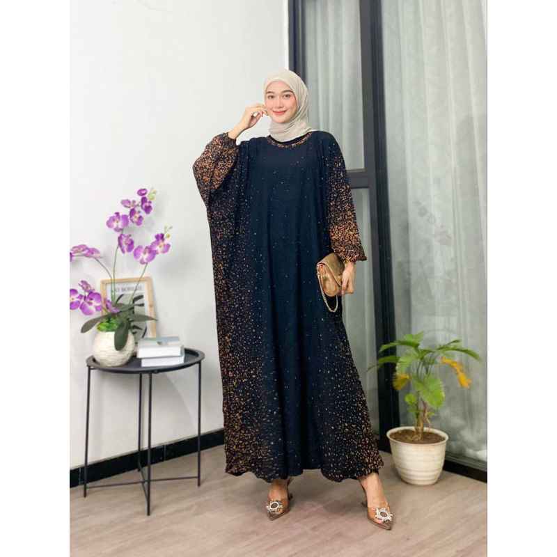 Kaftan Wanita - Daunda Kaftan Size Jumbo XXXXL Motif Daun Lengan Panjang Busui Resleting by Nadira_Fashion / Gamis Rayon Jumbo Kaftan Terbaru-Semprot black