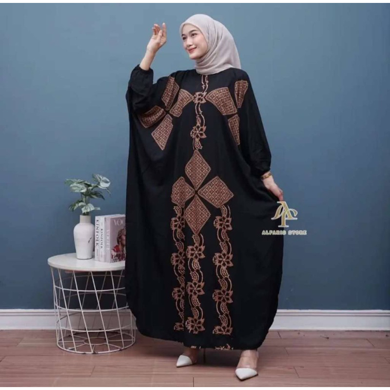 Kaftan Wanita - Daunda Kaftan Size Jumbo XXXXL Motif Daun Lengan Panjang Busui Resleting by Nadira_Fashion / Gamis Rayon Jumbo Kaftan Terbaru-Andin black