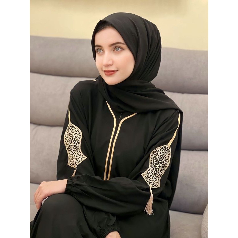 Gamis Abaya Twill Original Floy depan Anjanistore Terbaru Motif Hitam Cardi Dress Anjanistore Rempel