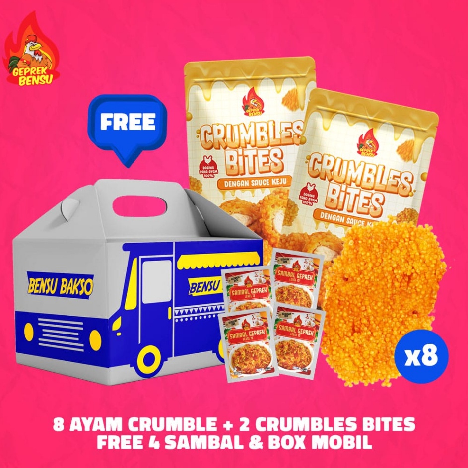 

DWLD1761 [KODE 77] Bundling 8 Ayam Crumble + 2 Crumble Bites FREE 4 Sambal 20gr FREE Box Mobil