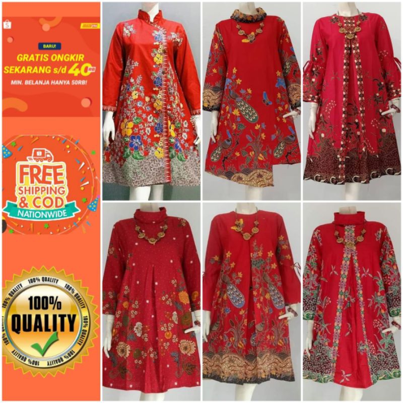 Atasan Tunik Batik Wanita Warna Merah Unggul Jaya