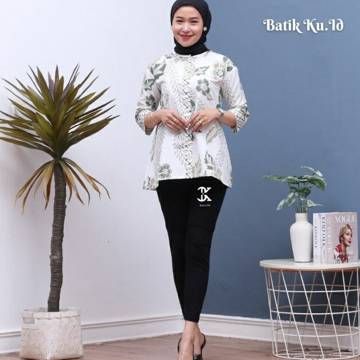 Promo Batik Wanita ern Lengan Panjang Kancing Depan Blouse Batik Kawung Kombinasi Kain Polos Seragam