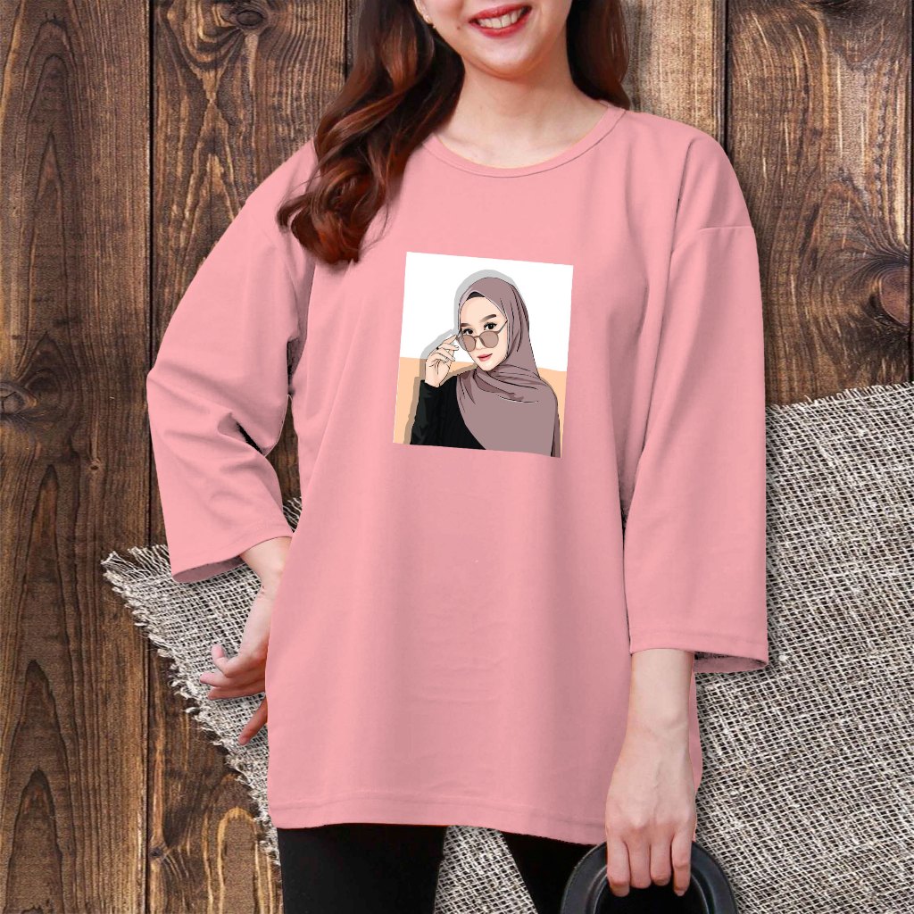 Kaos Atasan Oblong Wanita Jumbo Print Hijab Kacamata Bahan Voxy Ukuran Xxxl Oversize