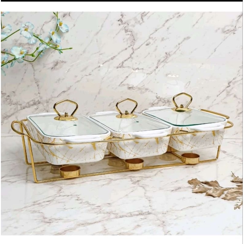 Set Prasmanan Tempat Lauk Sayur Keramic Ceramic Putih Gold Emas White Prasmanan Gold Prasmanan Keram