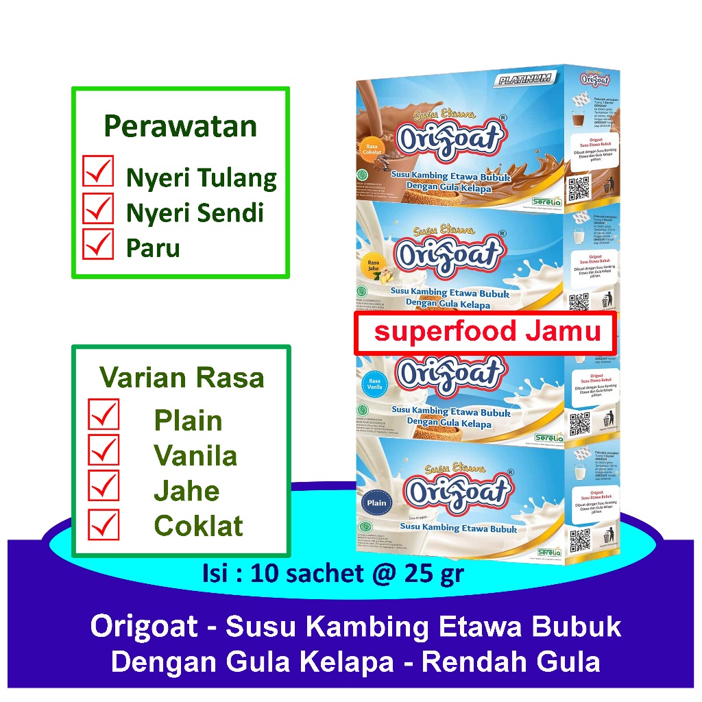 

origoat susu kambing bubuk etawa 1 pouch isi 10 sachet kualitas premium original plain tawar no sugar rasa jahe cokelat vanilla