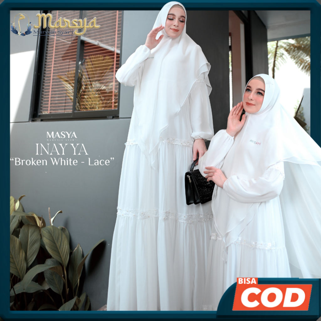 INAYA Set Gamis Dress Busui Friendly Ceruty Babydoll Premium Syari Branded Warna Putih Tulang - Brok