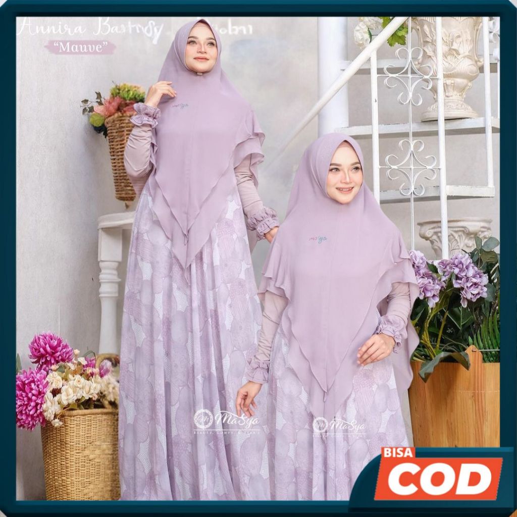 ANNIRA Set Gamis Dress Ceruty Babydoll Syari Branded Prinitng Ungu Lilac - Mauve Mewah Masya Syari O