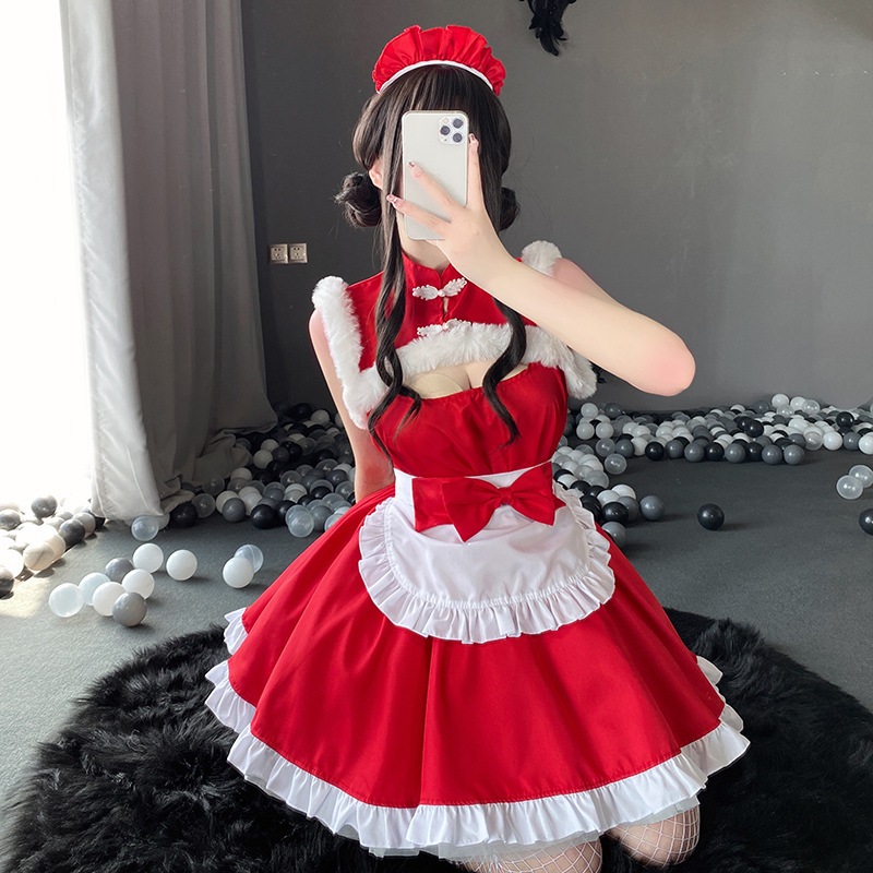 C13 set kostum baju natal maid china dress cosplay terusan bulu halus tebal winter christmas party d