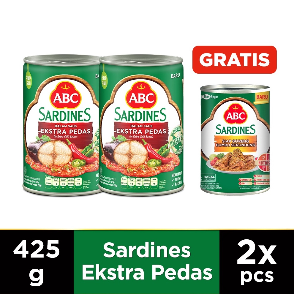

Star ABC Sarden Extra Pedas 425g 2pcs (Free Sarden Siap Goreng Bumbu Serundeng 155 g) 