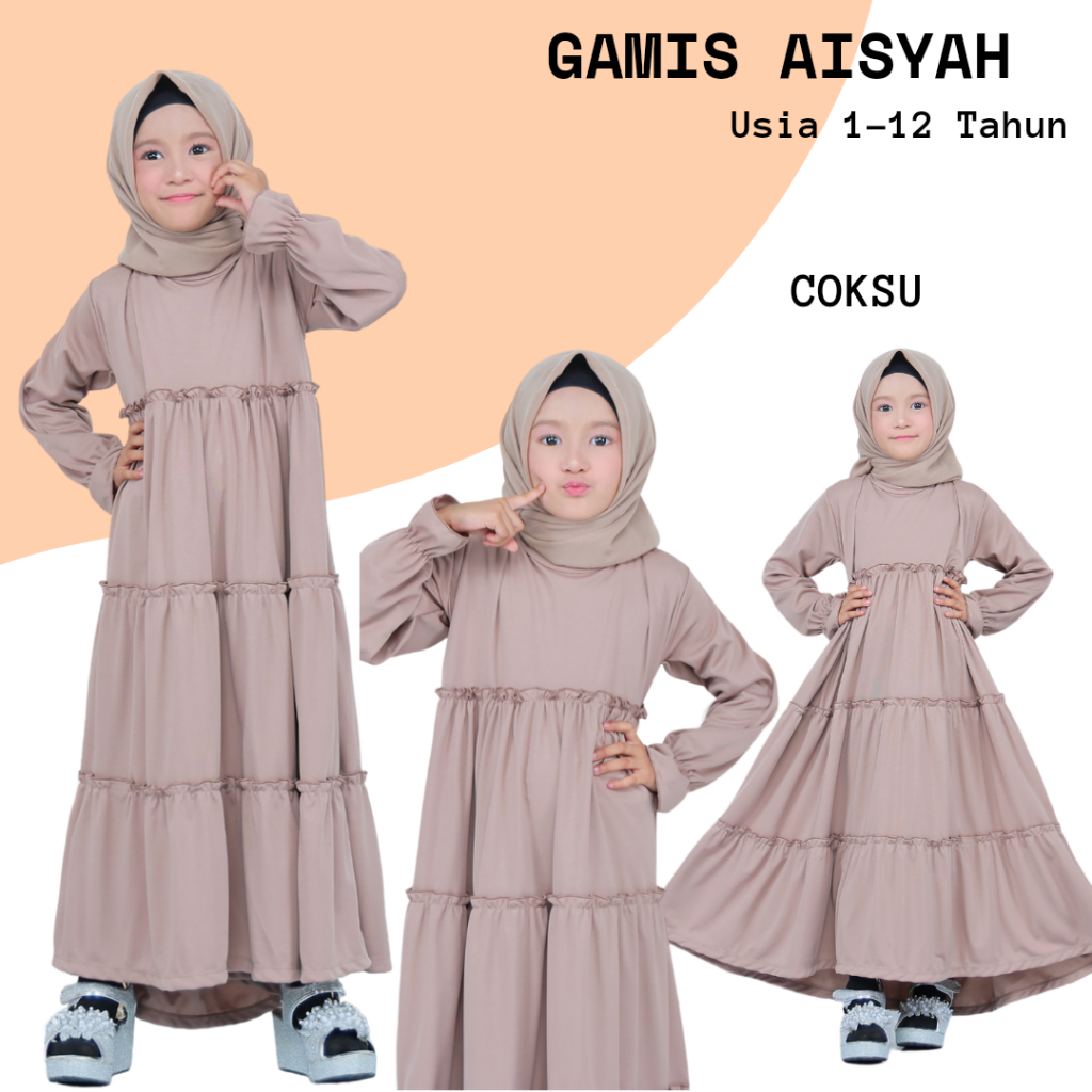 Gamis Aisyah Coksu Coklat Susu - Gamis Susun Anak Perempuan Manasik Haji Lebaran Pakaian Long Dress 
