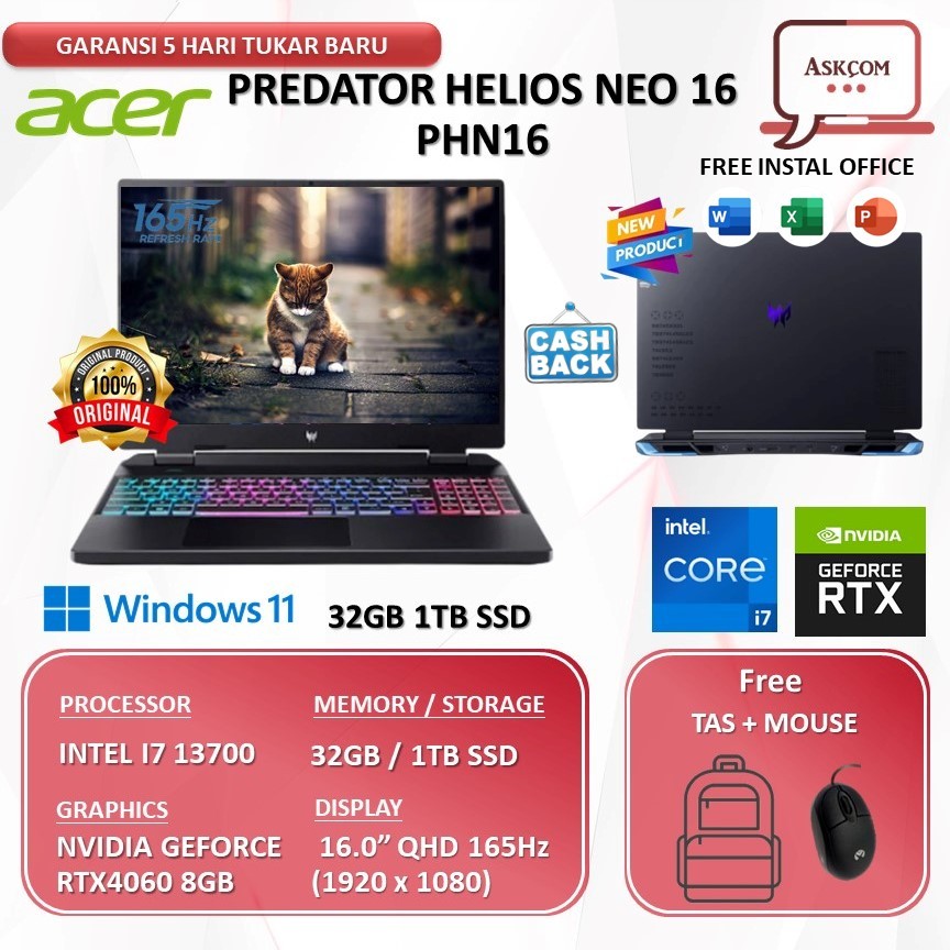 Laptop Gaming Acer Predator Helios Neo 16 PHN16 RTX4060 8GB I7 13700 | 32GB 1TBSSD W11 16.0QHD IPS 165HZ
