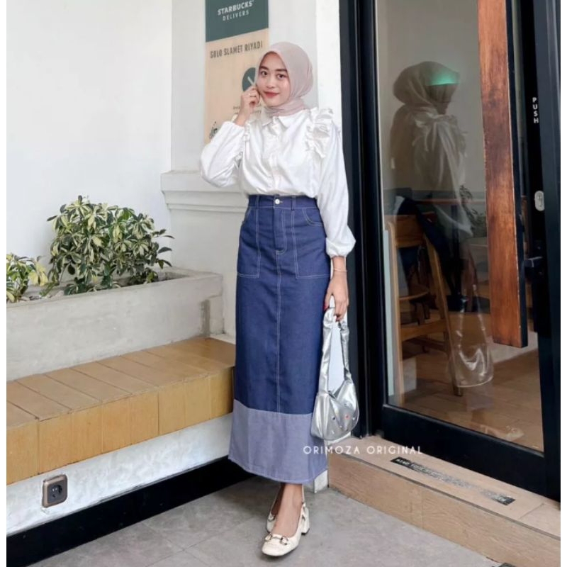 Two Tone Rok Skrit Jeans Highwaist Wanita
