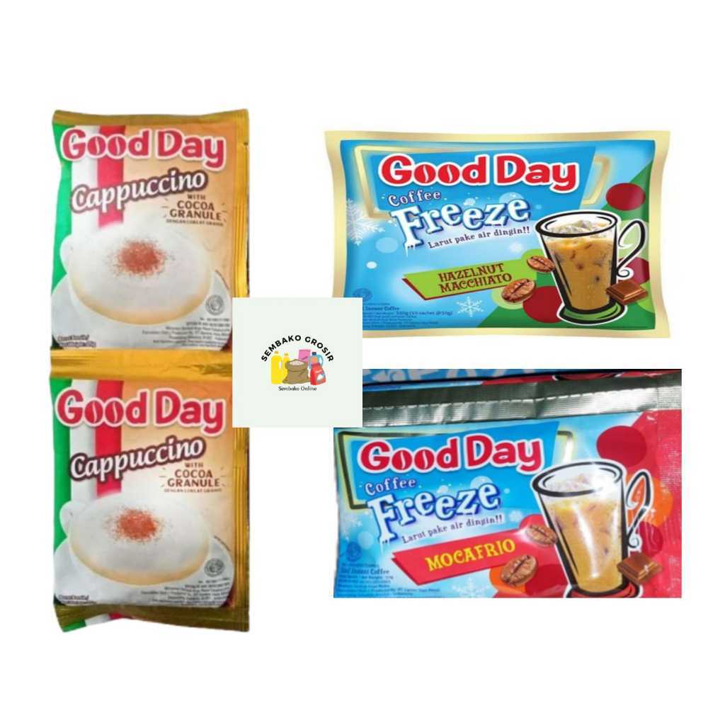 

Kopi Good Day Cappucino , Freeze Mocafrio ,Freeze Hazel Machiato, Moccacino GoodDay Renteng /Sachet SG