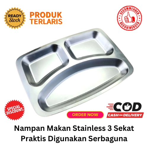 [BISA COD] DISKON Nampan Makan Stainless 3 Sekat Praktis Digunakan Serbaguna Nampan Sekat Piring Sek
