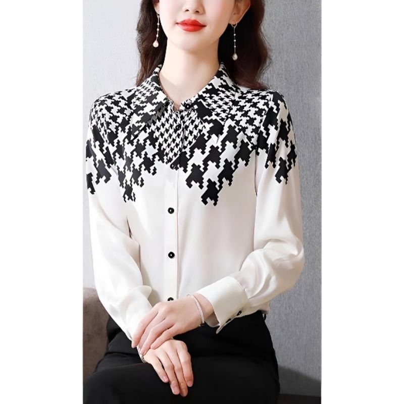 Blouse Kemeja HOUNATOOD COMBIL Lengan Panjang - Baju Atasan Silky Import Premium - Shirt Wanita Keme