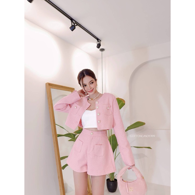 Katarine Set (Korean Tweed Crop Long Sleeve Blazer Shorts Cotton Candy Import Bangkok)