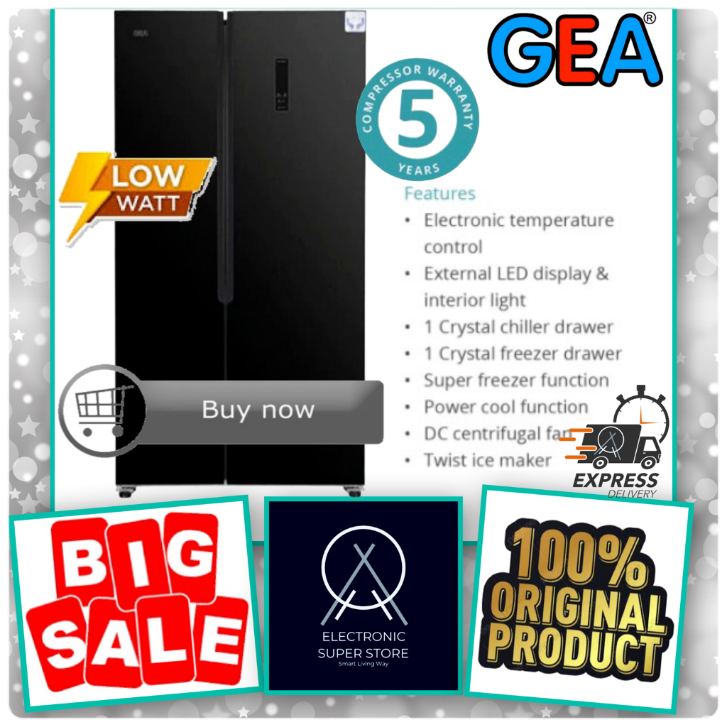 KULKAS GEA G2D472 G2D-472 SIDE BY SIDE BLACK BIG FREEZER SUPER COOLING LEMARI ES GEA