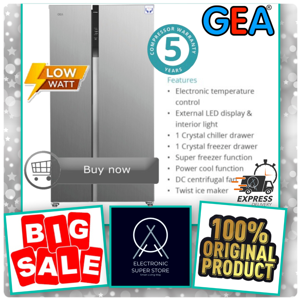 KULKAS GEA G2D472 G2D-472 472 INOX SIDE BY SIDE BIG FREEZER SUPER COOLING LED DISPLAY LEMARI ES GEA
