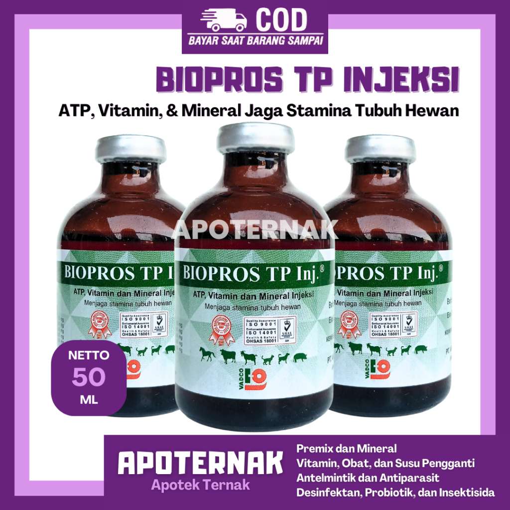 BIOPROS INJ TP 50ml - ATP Vitamin Mineral Penguat Otot Jaga Stamina Tubuh Sapi Kuda Kambing Kucing | Like Biosan Rheinbio Biodin | VADCO | Apoternak