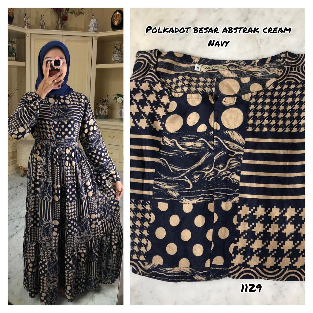 GAMIS RAYON MOTIF POLKADOT BESAR ABSTRAK CREAM (NAVY)