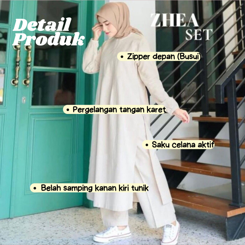 New Zhea Set Setelan Tunik + Celana Kulot Jumbo Wanita Bahan Katun Linen Rami Fashion Muslim