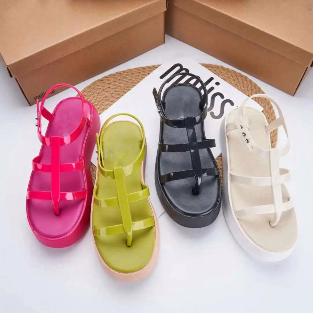 * Sandal Wanita Selop wedges Tali belakang Fashion Slip On Jelly Import