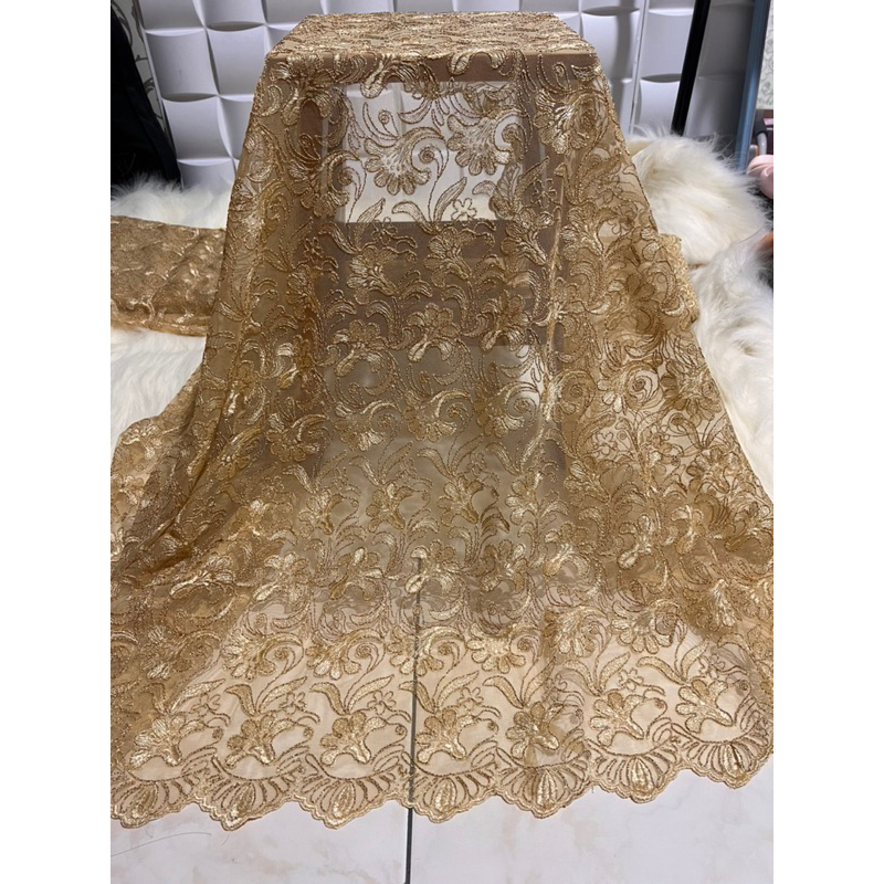 Kain Bahan Brokat Gold Motif Daun - Bunga, Benang Emas