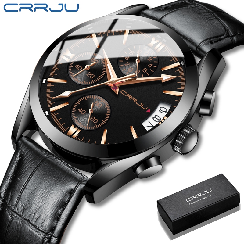 CRRJU Jam Tangan Pria Kronograf Kuarsa Olahraga Tahan Air Kulit Mewah Militer Arloji Cowok