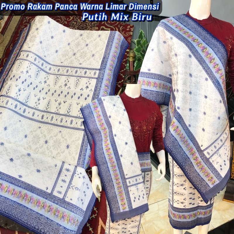 Songket Rakam Panca Warna Limar Dimensi Promo / Putih mix Biru / songket tenun asli palembang /ilham