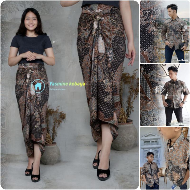 Couple Rok Plisket Dan Lilit Jumbo Set Kemeja Batik Pria / Baju Batik Couple Motif Aurel Mocca / Cou