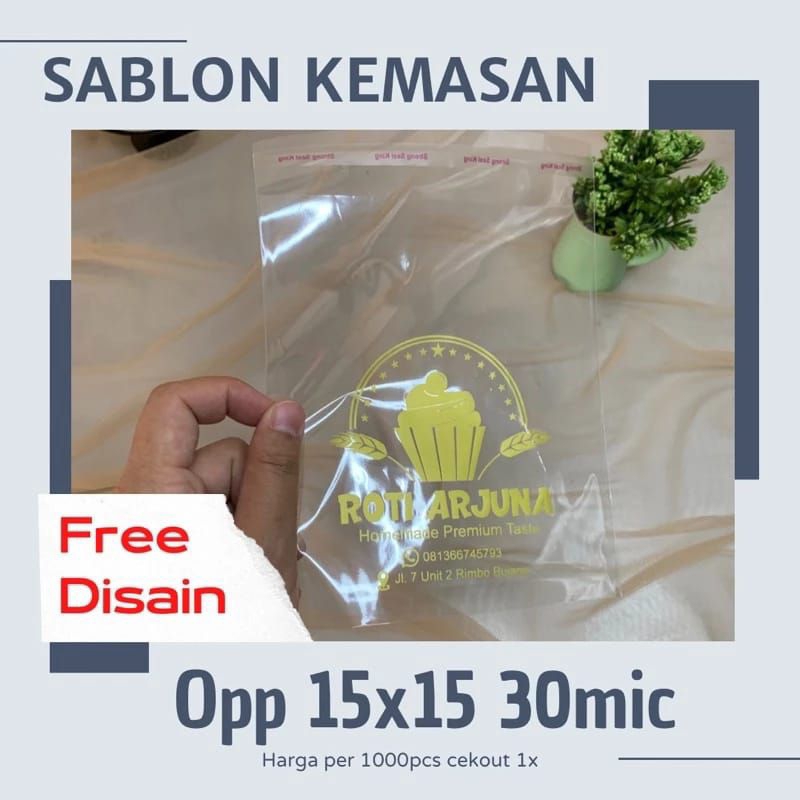 

SABLON PLASTIK OPP UKURAN 15X15 DESAIN CUUSTOM SABLON PLASTIK ROTI SABLON KEMASAN KUE