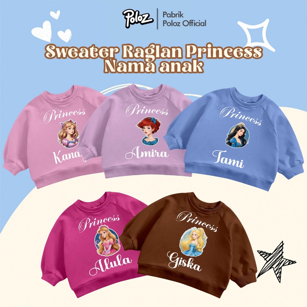 SWEATER RAGLAN ANAK SABLON KARAKTER PRINCESS PLUS COSTUM NAMA ANAK SWEATER ANAK PEREMPUAN LUCU
