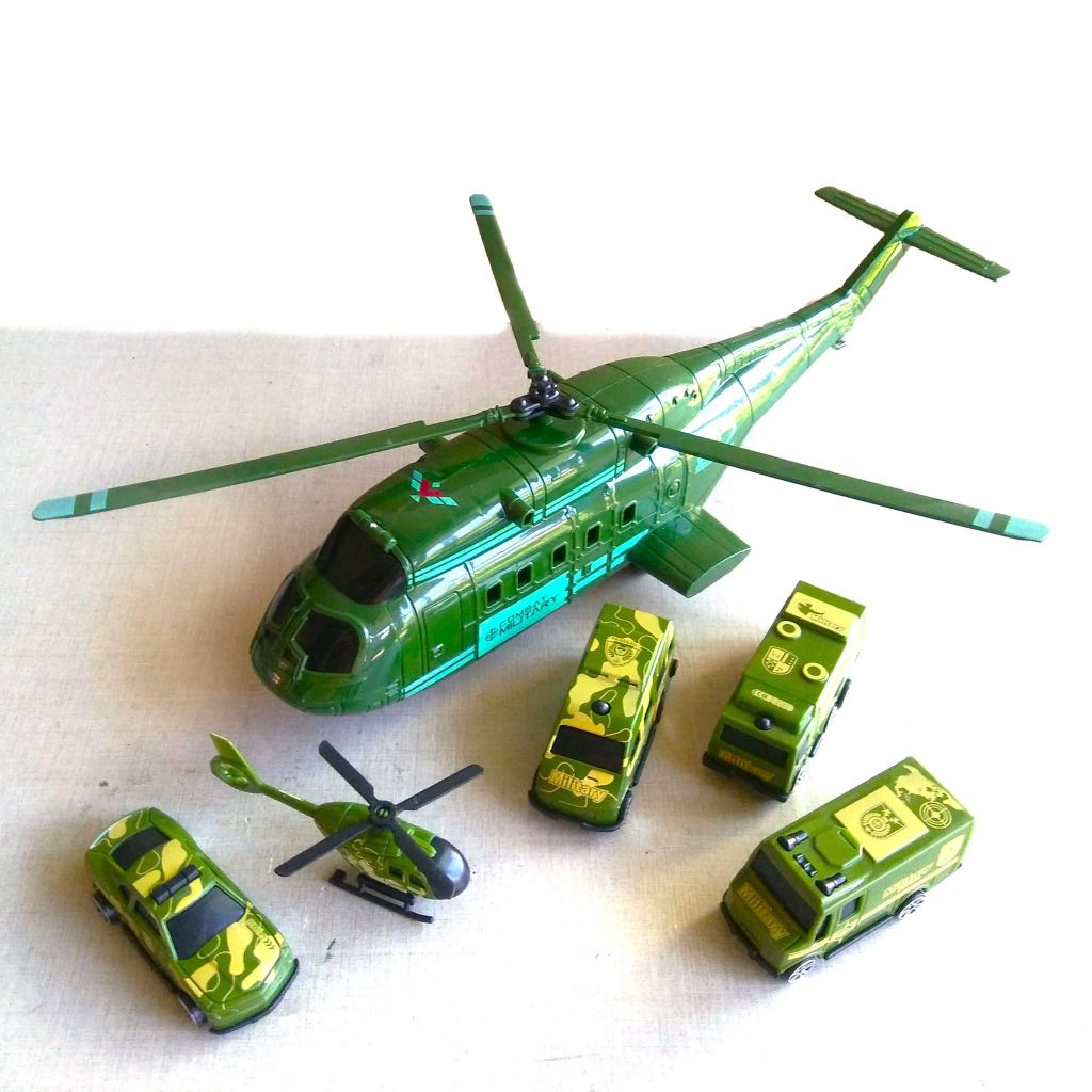 MAINAN HELIKOPTER JUMBO ANGKUT MOBIL MILITER 6 IN 1 PESAWAT MODEL TENTARA