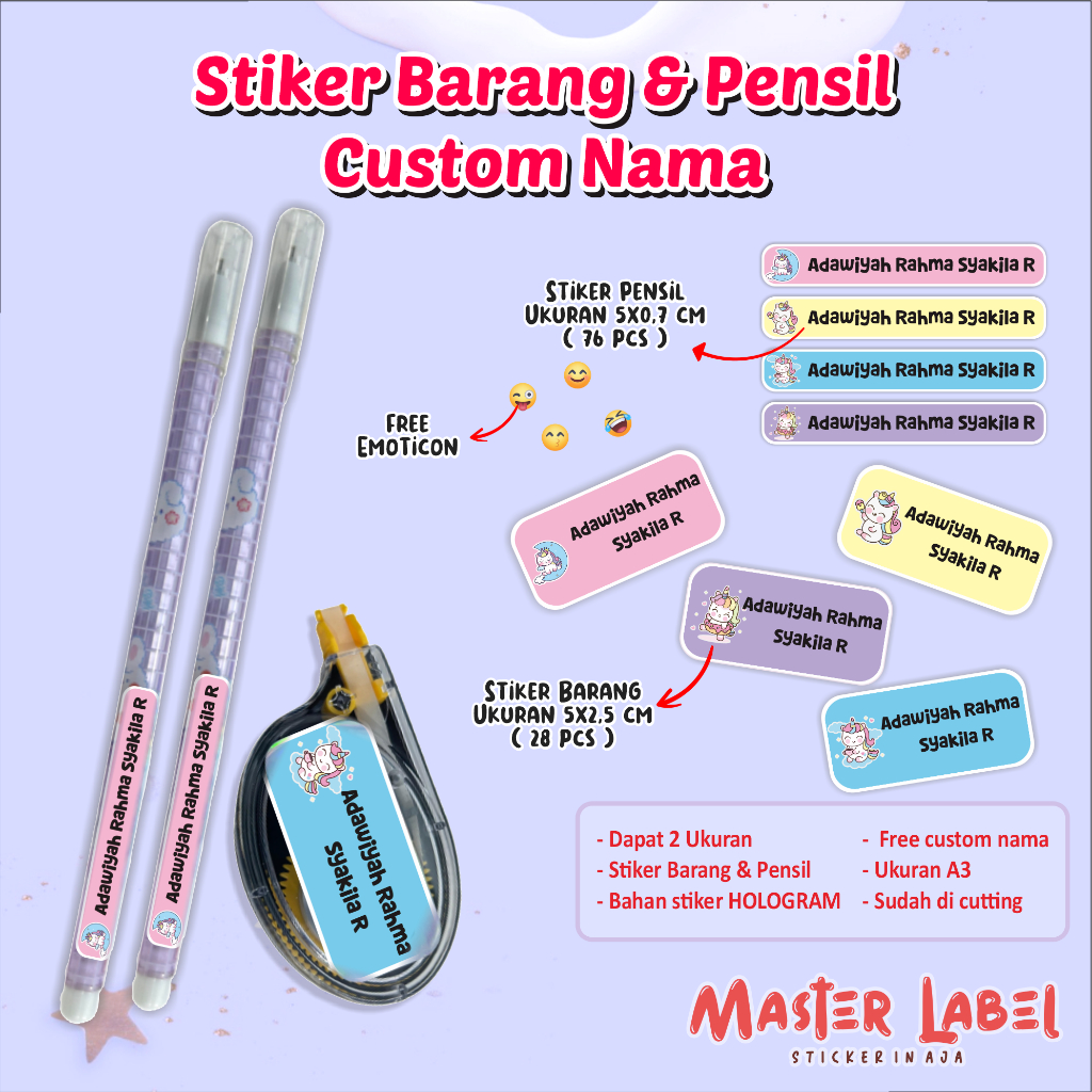 

Stiker Nama Custom 2 ukuran Stiker Barang & PENSIL uk A3 ISI 104pcs stiker nama pensil label nama pensil stiker nama Label nama Pensil