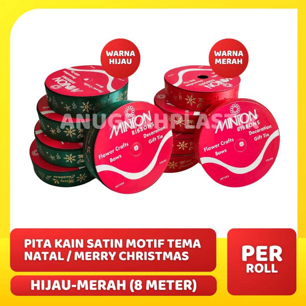 

Pita kain satin motif tema NATAL/ Merry christmast per roll/ pita kado / pita hampres